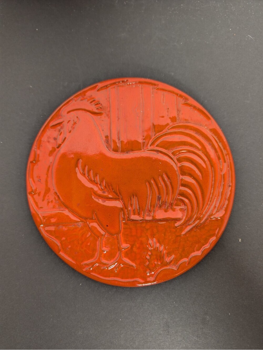 Vintage Frankoma 94TR Rooster Trivet Plate Red Orange Glaze Oklahoma Pottery